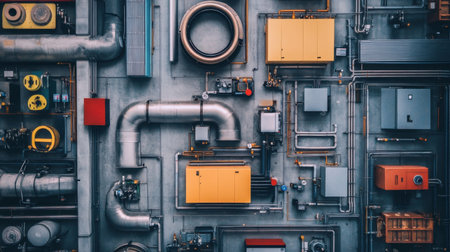 Aerial view of industrial equipment showing a detailed arrangement of pipes and yellow cabinets on a concrete surface, highlighting factory infrastructure and operations.の素材