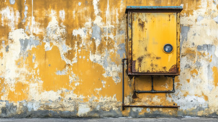A weathered yellow electrical box set against a peeling wall showcases urban decay and age, offering a unique visual element for creative projects and artistic inspiration.の素材