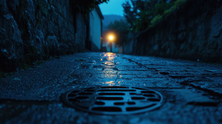 A quiet cobblestone path glistens with rain, softly illuminated by a streetlight in a peaceful evening scene, evoking a serene and reflective atmosphere.の素材