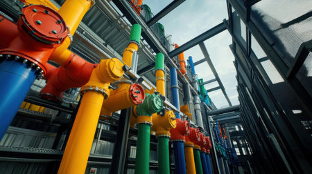 Colorful industrial pipelines create a striking visual impact in an urban setting, highlighting modern engineering and creative design in infrastructure development.の素材