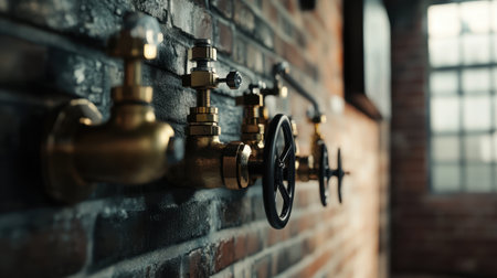 Explore the raw beauty of industrial design with this image showcasing brass faucets and pipe valves on a textured brick wall, perfect for urban interior aesthetics.の素材