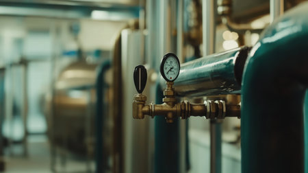 Close-up view of an industrial pipeline featuring a pressure gauge and valves, showcasing the intricate design and engineering found in manufacturing environments.の素材
