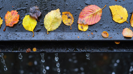 A collection of colorful autumn leaves resting on a dark surface, adorned with raindrops. This image captures nature's beauty, texture, and serene ambiance of a rainy fall day.の素材