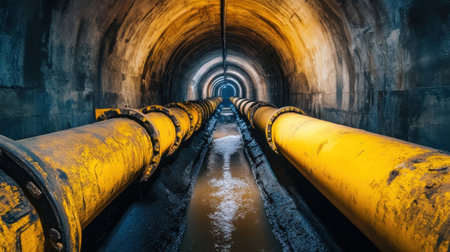Dimly lit underground tunnel featuring large yellow pipes transporting water, showcasing urban infrastructure and engineering elements in an industrial setting.の素材