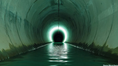 A serene view of an underground tunnel featuring still water reflecting soft green light, creating an intriguing atmosphere of depth and mystery in the urban environment.の素材