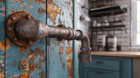 A close-up of a rustic industrial pipe handle on a weathered blue cabinet, set against a cozy kitchen backdrop adorned with shelves and appliances, evoking a warm, inviting atmosphere.の素材
