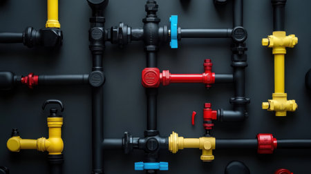 A collection of colorful industrial pipes and fittings arranged artistically against a dark surface, perfect for engineering, construction, or design projects requiring detailed visuals.の素材