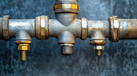 A close-up image of an industrial pipe fitting showcasing nuts and bolts against a textured blue background, suitable for construction and engineering themes.の素材