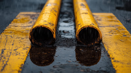 A striking close-up of yellow pipes resting on wet asphalt, capturing rainwater reflections and showcasing texture. This urban scene evokes a moody atmosphere and intricate details.の素材