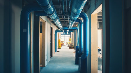 An industrial corridor featuring blue pipes and newly built walls, reflecting a professional environment in the midst of construction and design.の素材
