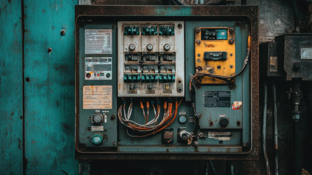 An intricate look at a weathered control panel housing various buttons and wires, showcasing the blend of age and functionality in an industrial workshop setting.の素材