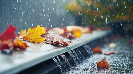 A serene image showcasing vibrant autumn leaves resting on a rooftop as rainwater drips around them, illustrating the beauty and tranquility of nature during a rainy day.の素材