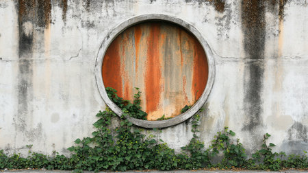 This image showcases a weathered concrete wall featuring a round window, adorned with lush green vines and rusty accents, reflecting the harmony of nature and urban design.の素材
