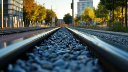 Stunning view of railway tracks stretching through the city, bordered by trees and modern buildings, capturing the essence of urban life in natural harmony.の素材