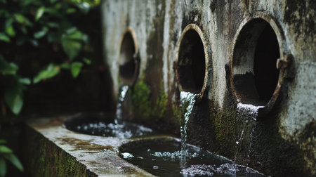 This image showcases water flowing from weathered concrete pipes surrounded by lush greenery, creating a tranquil and peaceful natural environment perfect for outdoor themes.の素材