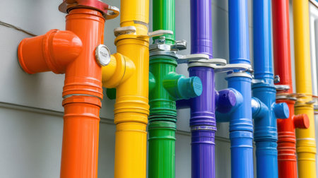 A vibrant array of colorful PVC pipes arranged in a rainbow pattern, showcasing modern urban design and industrial aesthetics, perfect for creative projects and inspirations.の素材