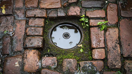 This image showcases a round drain cover set in patterned, wet bricks, with moss growing around the edges, emphasizing the beauty of urban textures and rain reflections.の素材