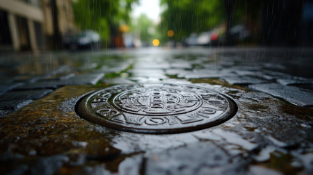 Captivating rainy street view showcasing a metallic manhole cover on wet cobblestones, surrounded by lush greenery and warm city lights, creating a serene atmosphere.の素材