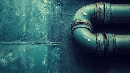 A close-up of a rusty industrial pipe curving against a textured wall, featuring arrow indicators. The image evokes a sense of urban decay and abandoned spaces.の素材