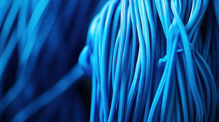 Close-up view of blue wires creating an intricate pattern that showcases vibrant colors and textures ideal for projects related to technology and design.の素材