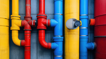 A vibrant display of industrial pipes in red, yellow, blue, and gray against a textured wall. This image showcases colorful elements suitable for modern design and aesthetic projects.の素材