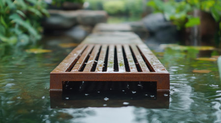 A tranquil wooden path extends over gentle water, surrounded by vibrant greenery, creating a serene atmosphere perfect for relaxation and inspiration in nature.の素材