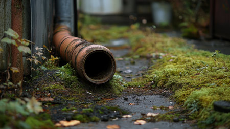 A close-up view of a drain pipe sitting on a moss-covered urban pathway, highlighting the blend of nature and man-made elements and showcasing the beauty of decay and growth.の素材