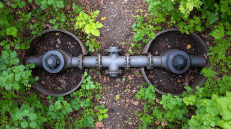 Aerial view of an industrial pipe system enveloped by vibrant green foliage, highlighting the clash between human-made structures and the power of nature reclaiming the space.の素材