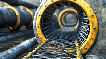 This image features a detailed close-up of an industrial pipe, showcasing a tunnel-like perspective with mesh and yellow accents, ideal for engineering and design projects.の素材