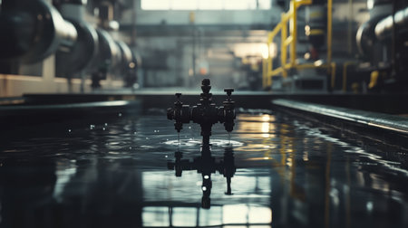 A close-up view of an industrial water valve surrounded by rippling water in a manufacturing facility, highlighting pipes and machinery in the background, creating a dynamic environment.の素材