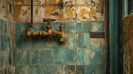 An intriguing image of an abandoned bathroom showcasing weathered plumbing and cracked tiles, expressing the charm and beauty of urban decay and neglect.の素材