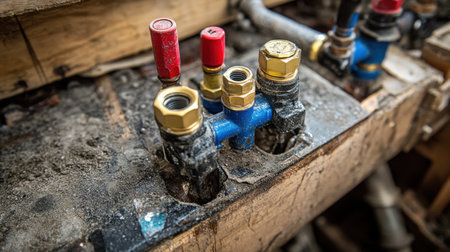 This close-up image showcases industrial valve connections and hydraulic components on a weathered wooden surface, emphasizing detail and functionality in a workshop environment.の素材