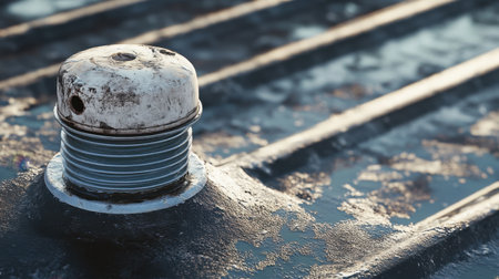 A close-up image of a rusty metal cap atop a weathered surface, showcasing intricate textures and patterns illuminated by natural light, perfect for industrial themes.の素材