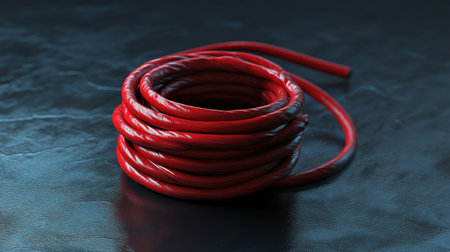 A vibrant red coiled electrical wire rests on a dark surface, showcasing its flexibility and intricate texture, ideal for technology and connectivity themes in design.の素材