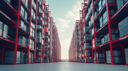 This image showcases a modern shipping container storage facility with bright containers arranged meticulously, highlighting the efficiency of industrial space management against a clear blue sky.の素材