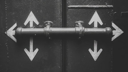 This abstract black and white photo captures an industrial door mechanism featuring arrows in four directions, embodying themes of choice and movement in a minimalistic approach.の素材