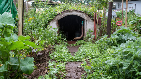 A serene garden scene featuring a narrow pathway leading to a rustic underground cellar, surrounded by lush green vegetation and gentle raindrops creating a peaceful atmosphere.の素材