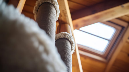A warm and inviting wooden cabin interior featuring textured pillars and a skylight, creating a comforting atmosphere ideal for relaxation and creative endeavors.の素材