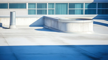 A minimalist urban rooftop scene showcasing architectural features and textures under clear blue skies, perfect for modern design and city landscape themes.の素材