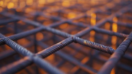 A detailed close-up of a steel rebar grid featuring intricate patterns and glowing orange light reflecting in the background, perfect for themes in construction and engineering.の素材