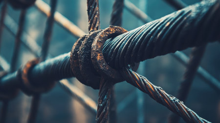 A close-up view of rusty metal wire and cables showcases intricate textures and industrial elements. The soft focus background highlights decay's beauty in an urban setting.の素材