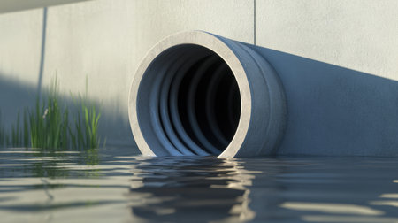 A striking view of a concrete drain pipe releasing water into a still body, surrounded by vibrant grass, highlighting urban infrastructure interacting with nature.の素材
