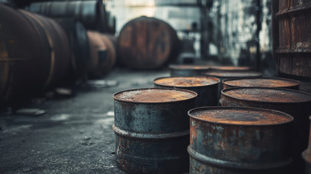 A collection of rusty metal barrels sits in a dimly lit industrial area, showcasing decay and neglect in an atmospheric, moody environment.の素材