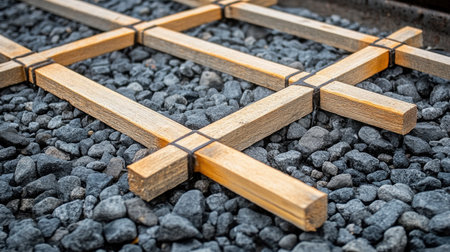 Detailed shot of a wooden cross tie placed on gray gravel rocks, showcasing materials used in railway construction, emphasizing durability and industrial design elements.の素材