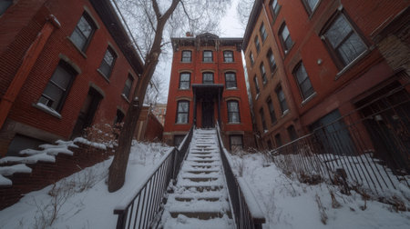 A beautiful brick building stands in a snowy residential area, showcasing its historical charm. The staircase leads through a serene winter landscape, evoking tranquility and warmth.の素材