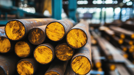 Detailed view of industrial steel bars with glossy yellow ends, highlighting features in a manufacturing warehouse, suitable for construction and metalwork themes.の素材