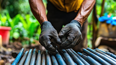 A dedicated craftsman, wearing protective gloves, meticulously arranges metal rods on a workbench amidst vibrant tropical foliage, showcasing skill and focus in an outdoor workshop scene.の素材