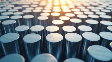A captivating close-up image showcasing metallic cylinders arranged in a grid, reflecting warm light, ideal for themes of technology, industry, and modern design.の素材