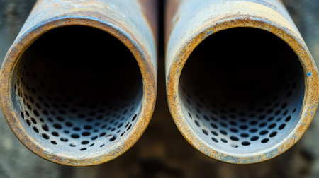 This close-up image captures two rusty metal pipes with perforated designs, highlighting details and textures of industrial elements in an urban environment.の素材