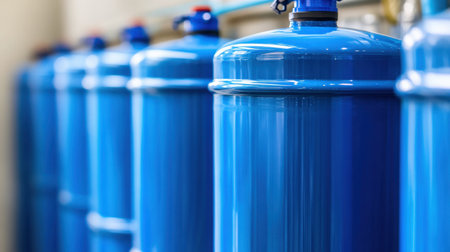 A row of vibrant blue metal cylinders stands in a workshop setting, showcasing modern industrial equipment designed for storing compressed gas, emphasizing sleek design.の素材